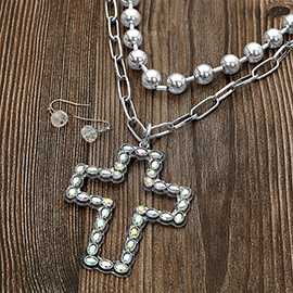 Oval Stone Cluster Open Cross Pendant Layered Statement Necklace