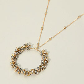 Metal Disc Faceted Beaded Open Ring Pendant Long Necklace