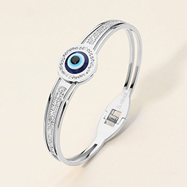 Stainless Steel CZ Stone Paved Evil Eye Accent Hinged Bangle Bracelet