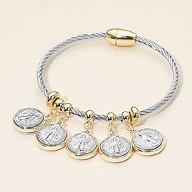 Two Tone Metal Religious Coin Charm Beaded Cable Magnetic Bracelet