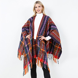 Plaid Fringe Poncho Wrap Shawl