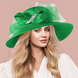 Rhinestone Embellished Feather Accented Mesh Bow Dressy Hat
