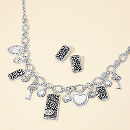 Two Tone Vintage Heart Key Charm Station Necklace