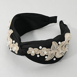 Pearl Embellished Flower Applique Knot Headband
