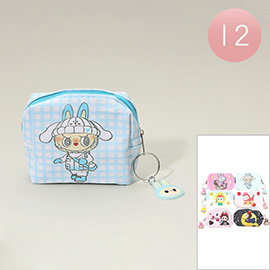 12PCS - Cute Monster Bunny Character Printed Keychain Mini Pouch Bags