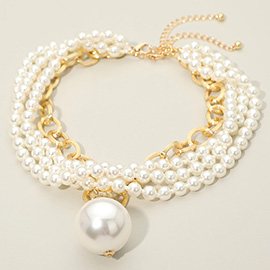2PCS - Chunky Pearl Pendant Layered Pearl Beaded Strand Necklaces