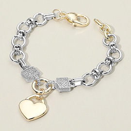 14K Gold Plated Heart Charm Two Tone CZ Stone Paved Accent Link Bracelet