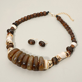 Chunky Marbled Resin Wood Beaded Statement Necklace