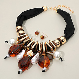 Chunky Pearl Resin Metal Beaded Fabric Statement Necklace