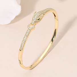 CZ Stone Paved Panther Leopard Head Accent Hinged Bangle Bracelet