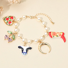 SECRET BOX_Western Steerhead Cow Heart Cowboy Boot Cherry Charm Station Pearl Link Bracelet