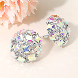 Square Stone Cluster Embellished Dome Evening Clip On Earrings