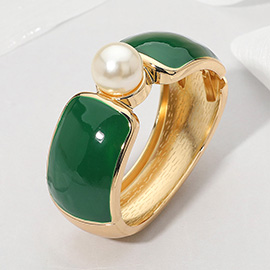Bold Central Pearl Accent Wide Enamel Hinged Bangle Bracelet