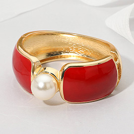 Bold Central Pearl Accent Wide Enamel Hinged Bangle Bracelet