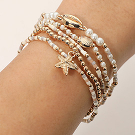 5PCS - Starfish Seashell Charm Pearl Seed Beaded Stretch Multi Layered Bracelets