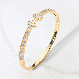 18K Gold Dipped Stone Embellished H Accent Hinged Bangle Bracelet