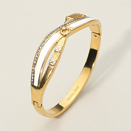 Stainless Steel Geometric CZ Stone Paved Enamel Inlay Accent Hinged Bangle Bracelet