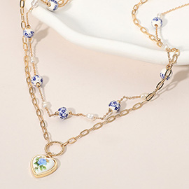 Floral Bead Pearl Station Floral Heart Pendant Layered Necklace