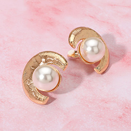 Pearl Accent Textured Curved Metal Clip On Earrings