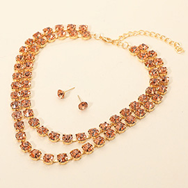Double Row Round Stone Cluster Link Layered Necklace