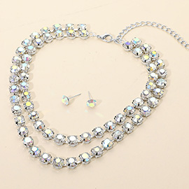 Double Row Round Stone Cluster Link Layered Necklace