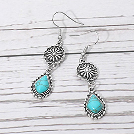 Vintage Metal Floral Teardrop Stone Link Drop Dangle Earrings