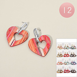 12Pairs - Striped Heart Drop Earrings