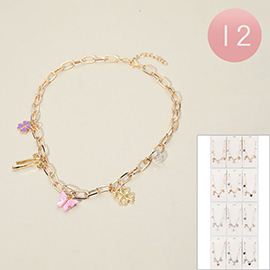 12PCS - Butterfly Flower Bow Clover Charm Station Paperclip Chain Necklaces