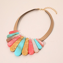 Resin Long Teardrop Plate Faux Leather Statement Necklace