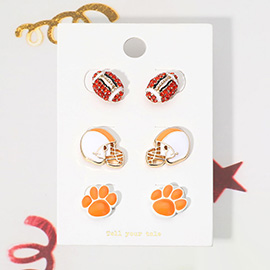 3Pairs - Game Day Spirit Ball Helmet Paw Stud Earring Set