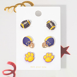 3Pairs - Game Day Spirit Ball Helmet Paw Stud Earring Set