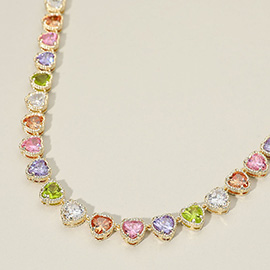 14K Gold Plated CZ Heart Stone Cluster Link Toggle Necklace