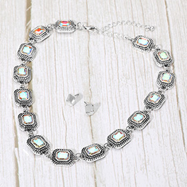 Boho Iridescent Square Stone Cluster Link Necklace
