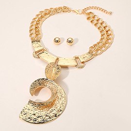 Bold Textured Metal Crescent Accent Statement Necklace