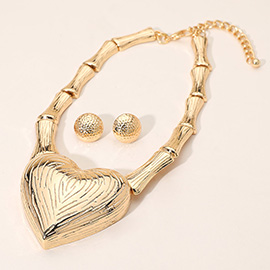 Bold Textured Metal Heart Accent Bamboo Link Statement Necklace