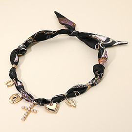Western Theme Pearl Cross Charm Station Fabric Scarf Necklace
