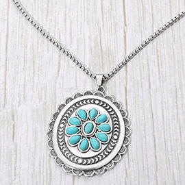 Vintage Floral Stone Accent Oval Medallion Pendant Necklace