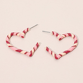 Enamel Twisted Candy Cane Open Heart Hoop Earrings