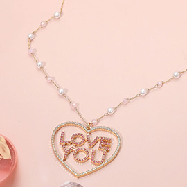 Stone Paved LOVE YOU Heart Pendant Pearl Bead Station Chain Necklace