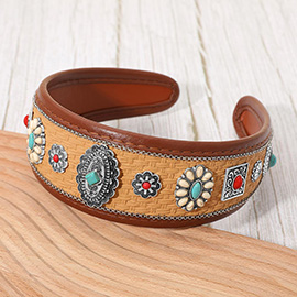 Rustic Gem Accent Western Concho Embellished Faux Leather Trim Woven Wide Headband