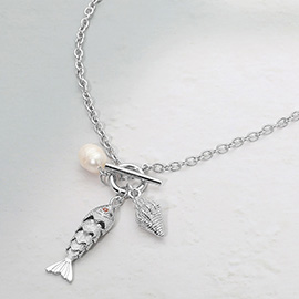 Pearl Conch Shell Fish Charm Toggle Pendant Necklace