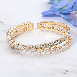 Square CZ Stone Dual Row Adjustable Evening Cuff Bracelet
