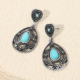 Vintage Teardrop Turquoise Stone Accent Dangle Earrings
