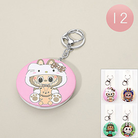 12PCS - Cute Monster Bunny Character Printed Round Cosmetic Mirror Keychains