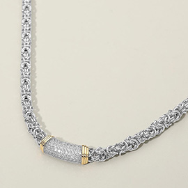 14K Gold Plated Two Tone CZ Paved Barrel Accent Mixed Link Chain Necklace