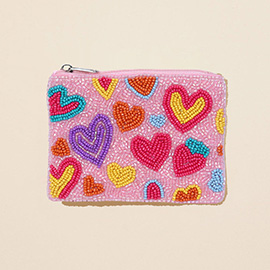 Heart Pattern Seed Beaded Mini Pouch Bag