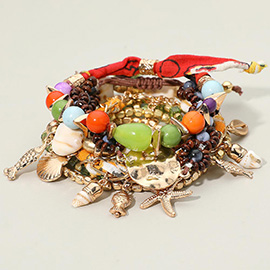 8PCS - Boho Starfish Fish Shell Charm Beaded Stretch Adjustable Multi Layered Bracelets