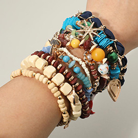10PCS - Decorative Heart Fish Star Charm Wooden Pearl Beaded Stretch Adjustable Multi Layered Bracelets