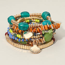 9PCS -Heart Shell Charm Accent Stackable Various Beaded Stretch Multi Layered Bracelets