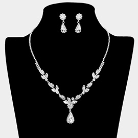 Teardrop Stone Cluster Accent Rhinestone Leaf Branch Necklace
